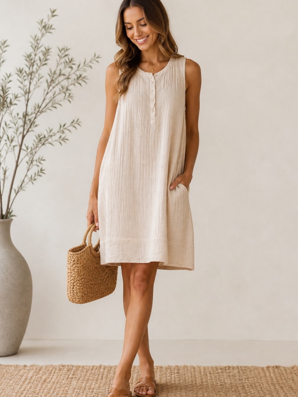 Wonderly Cotton Gauze Dress Beige Sleeveless Midi Coastal Summer Pockets